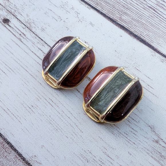 Vintage Clip On Earrings Brown & Green Tones Stylish - Picture 3 of 6